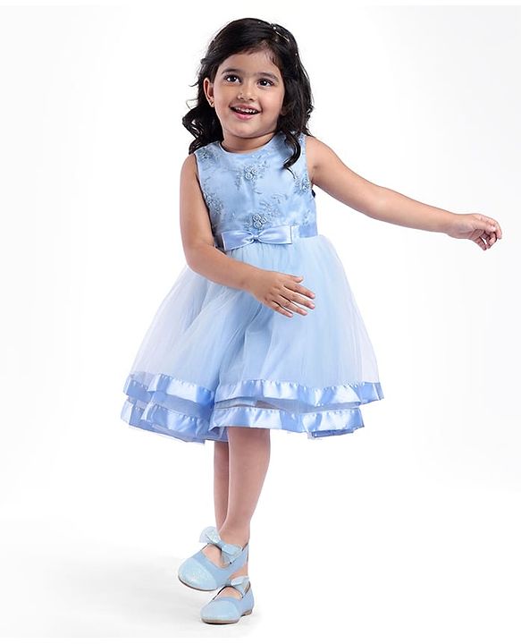Babyhug Woven Sleeveless Floral Embroidered Party Wear Frock with Bow Applique - Blue