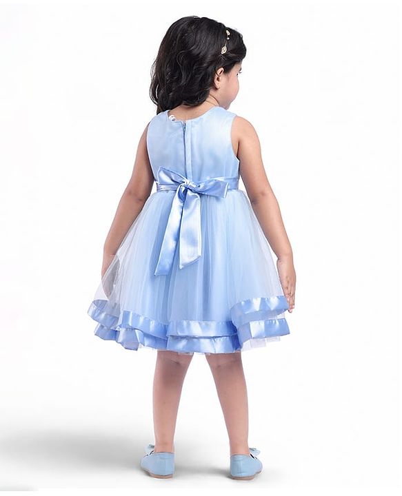 Babyhug Woven Sleeveless Floral Embroidered Party Wear Frock with Bow Applique - Blue