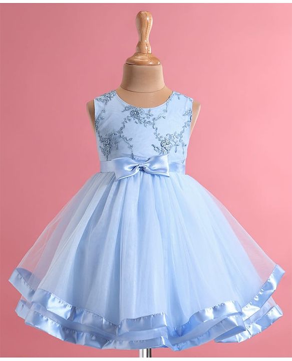 Babyhug Woven Sleeveless Floral Embroidered Party Wear Frock with Bow Applique - Blue