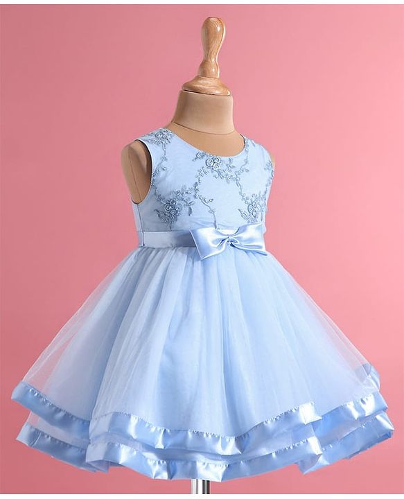 Babyhug Woven Sleeveless Floral Embroidered Party Wear Frock with Bow Applique - Blue