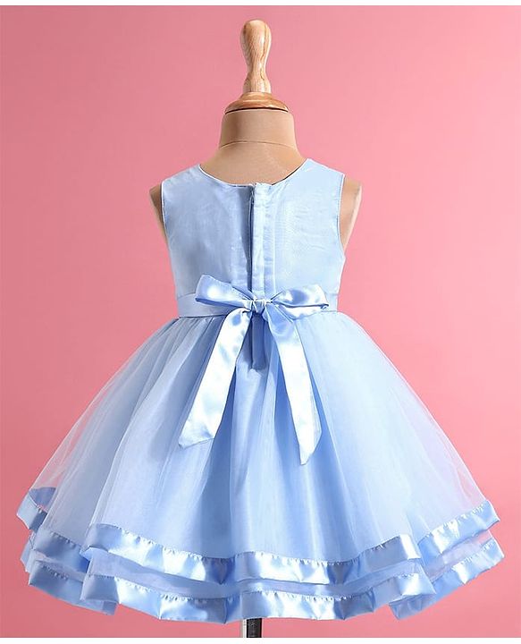 Babyhug Woven Sleeveless Floral Embroidered Party Wear Frock with Bow Applique - Blue