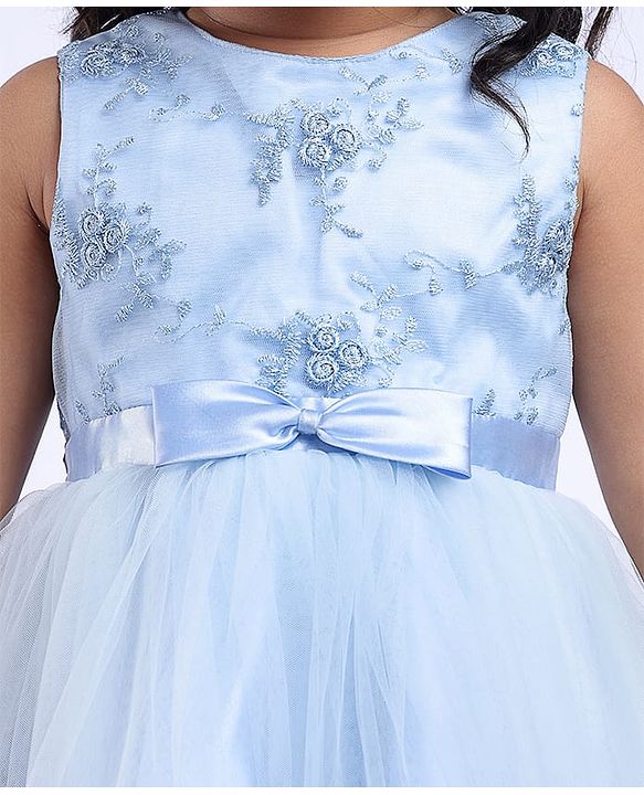 Babyhug Woven Sleeveless Floral Embroidered Party Wear Frock with Bow Applique - Blue
