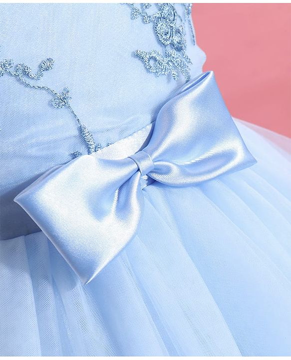 Babyhug Woven Sleeveless Floral Embroidered Party Wear Frock with Bow Applique - Blue