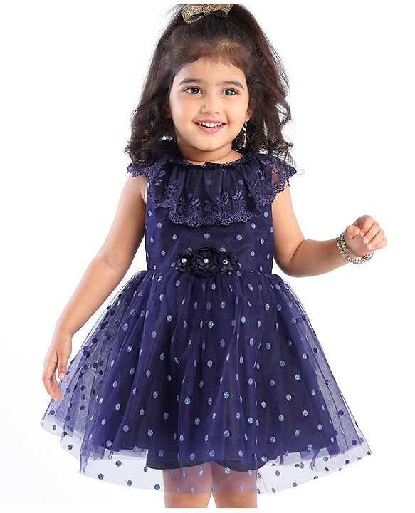 Babyhug Sleeveless Lace & Polka Dots Detailing Fit & Flare Party Frock - Dark Blue
