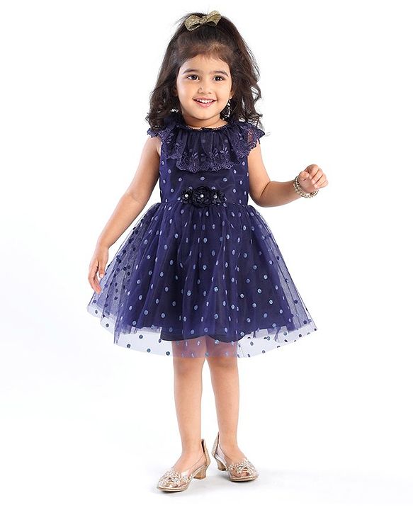 Babyhug Sleeveless Lace & Polka Dots Detailing Fit & Flare Party Frock - Dark Blue