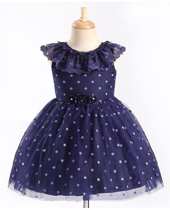 Babyhug Sleeveless Lace & Polka Dots Detailing Fit & Flare Party Frock - Dark Blue