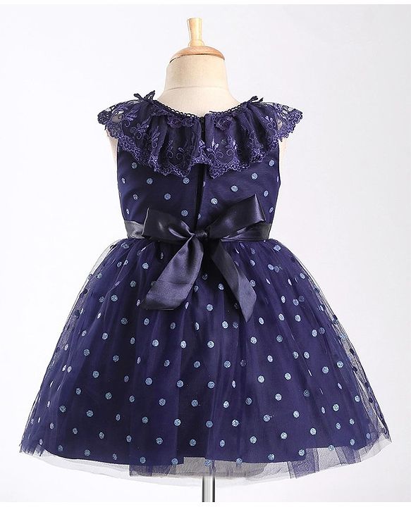 Babyhug Sleeveless Lace & Polka Dots Detailing Fit & Flare Party Frock - Dark Blue