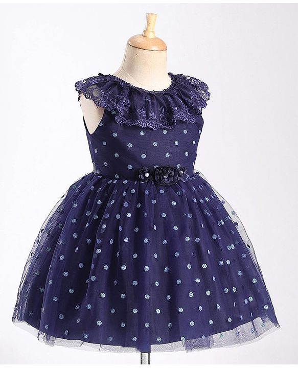Babyhug Sleeveless Lace & Polka Dots Detailing Fit & Flare Party Frock - Dark Blue
