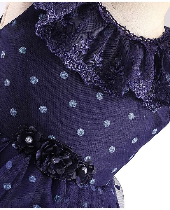 Babyhug Sleeveless Lace & Polka Dots Detailing Fit & Flare Party Frock - Dark Blue
