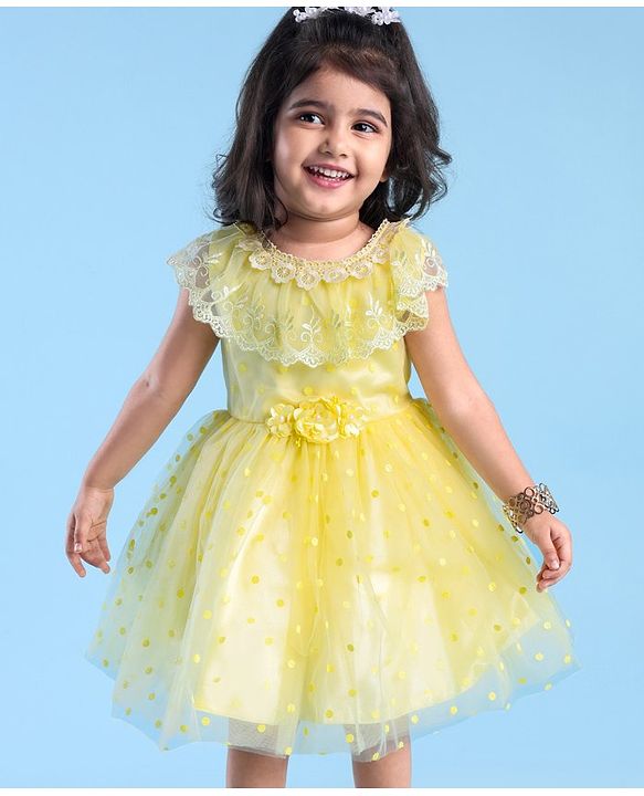 Babyhug Woven Sleeveless Party Wear Frock with Floral Corsage & Lace Detailing - Yellow