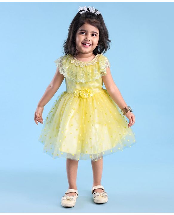 Babyhug Woven Sleeveless Party Wear Frock with Floral Corsage & Lace Detailing - Yellow
