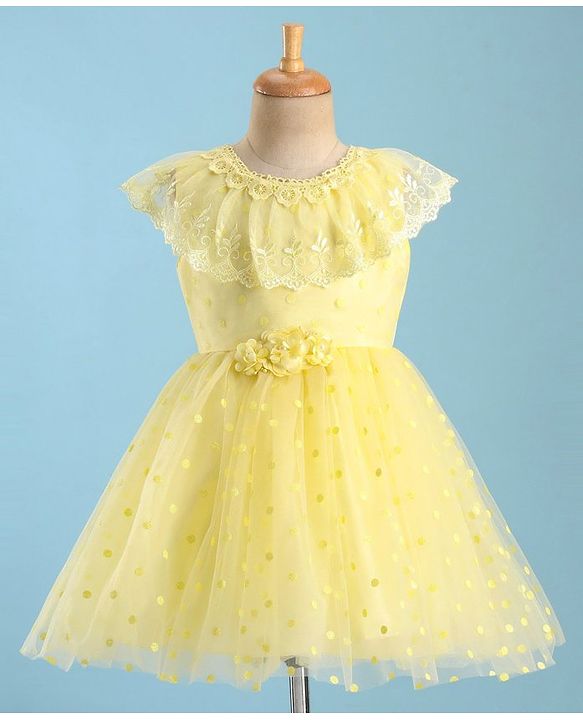 Babyhug Woven Sleeveless Party Wear Frock with Floral Corsage & Lace Detailing - Yellow
