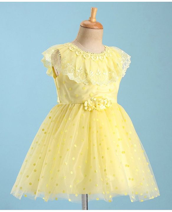 Babyhug Woven Sleeveless Party Wear Frock with Floral Corsage & Lace Detailing - Yellow