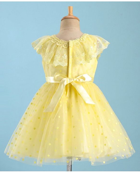 Babyhug Woven Sleeveless Party Wear Frock with Floral Corsage & Lace Detailing - Yellow