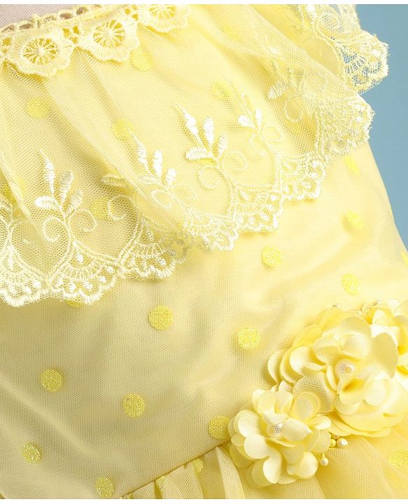 Babyhug Woven Sleeveless Party Wear Frock with Floral Corsage & Lace Detailing - Yellow