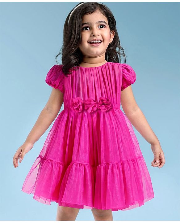 Babyhug Woven Half Puffed Sleeves Solid Color Party Frock with Floral Applique - Dark Pink