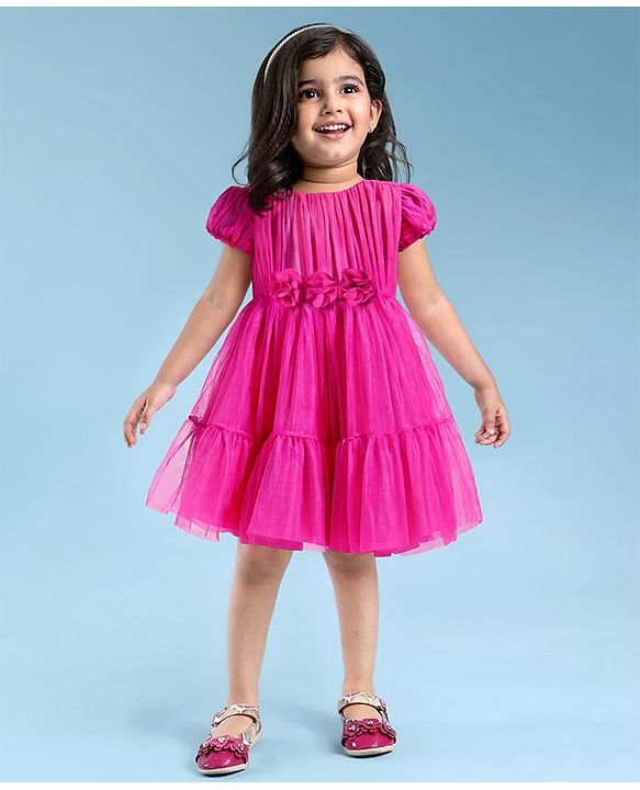 Babyhug Woven Half Puffed Sleeves Solid Color Party Frock with Floral Applique - Dark Pink