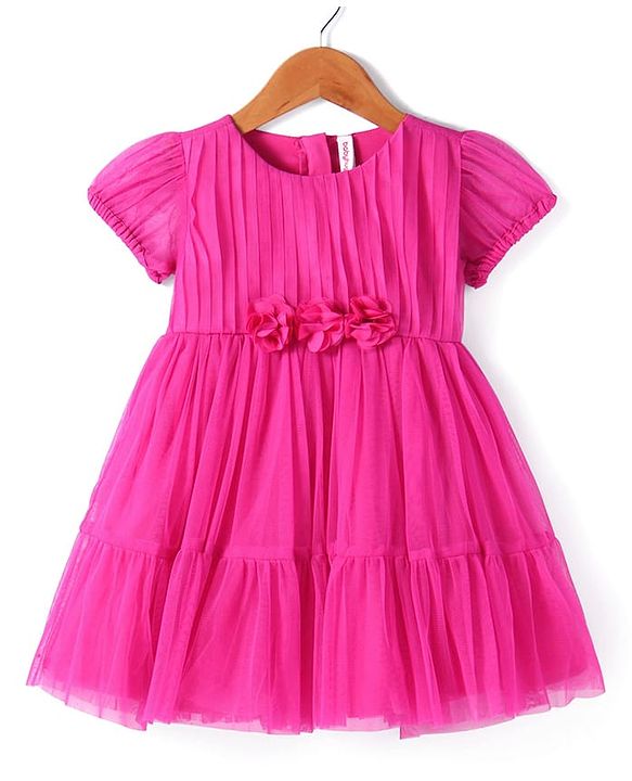 Babyhug Woven Half Puffed Sleeves Solid Color Party Frock with Floral Applique - Dark Pink