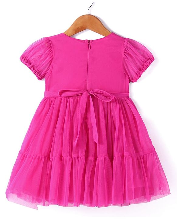 Babyhug Woven Half Puffed Sleeves Solid Color Party Frock with Floral Applique - Dark Pink