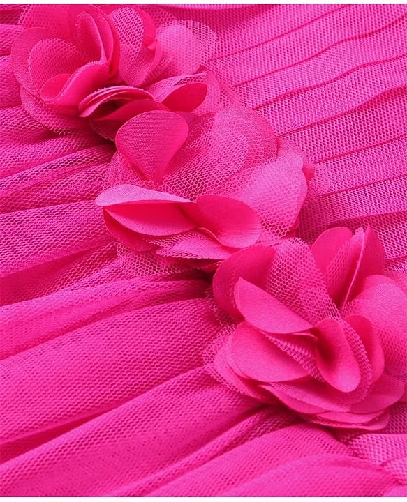 Babyhug Woven Half Puffed Sleeves Solid Color Party Frock with Floral Applique - Dark Pink