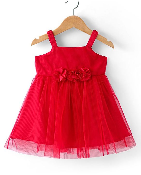 Babyhug Woven Sleeveless Fit & Flared Party Frock With Floral Corsage- Red