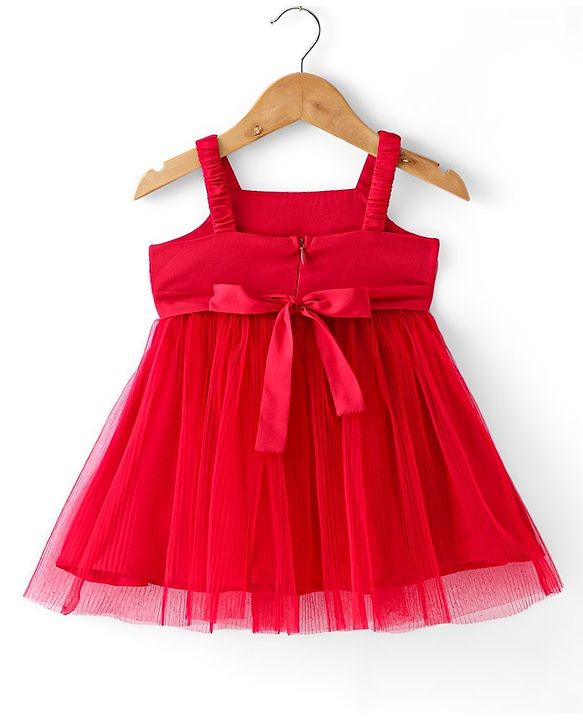 Babyhug Woven Sleeveless Fit & Flared Party Frock With Floral Corsage- Red