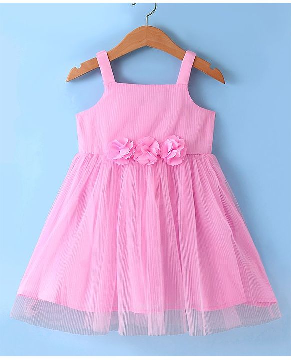 Babyhug Sleeveless Fit & Flared Solid Colour Party Frock with Floral Applique - Pink