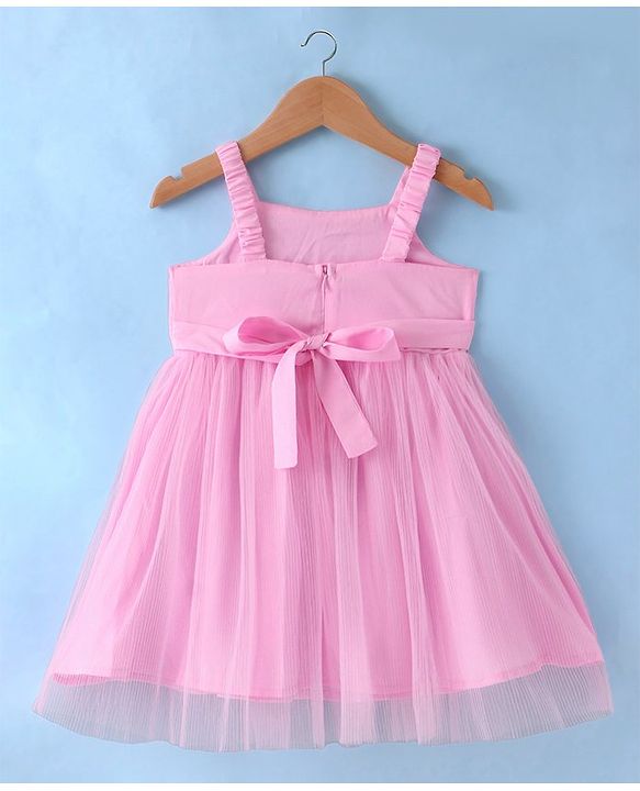 Babyhug Sleeveless Fit & Flared Solid Colour Party Frock with Floral Applique - Pink