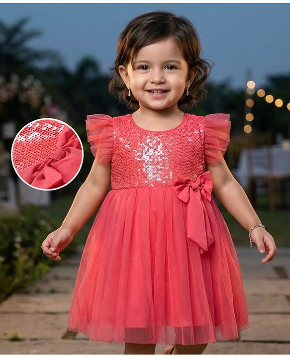 Babyhug Woven Frill Sleeves Fit & Flare Sequinned Party Frock with Bow - Peach
