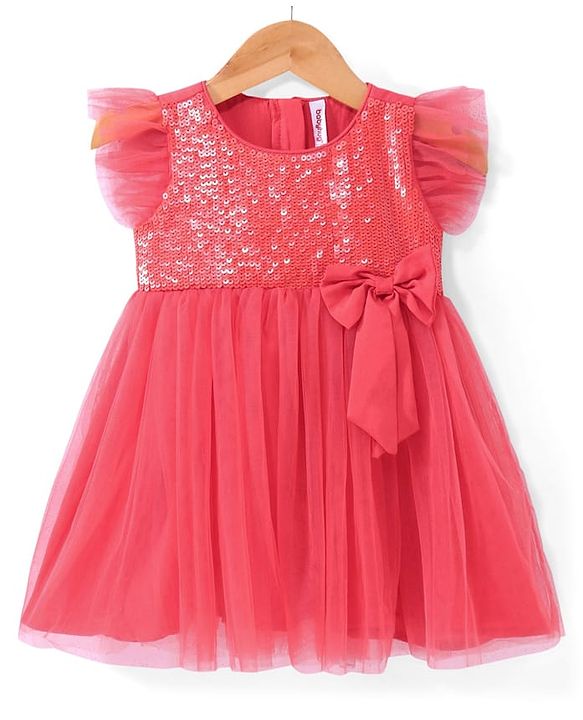 Babyhug Woven Frill Sleeves Fit & Flare Sequinned Party Frock with Bow - Peach