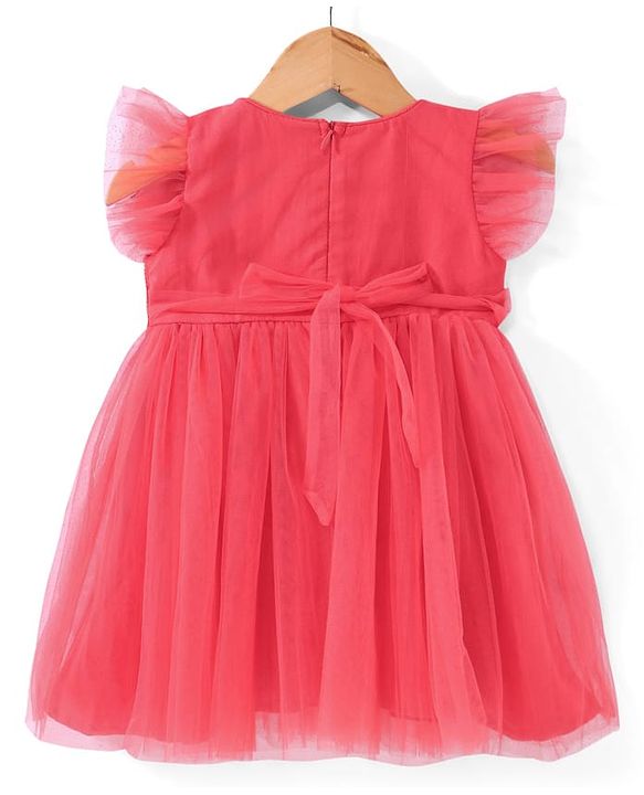 Babyhug Woven Frill Sleeves Fit & Flare Sequinned Party Frock with Bow - Peach