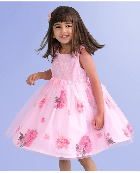Babyhug Sleeveless Party Frock with Sequin Detailing  Floral Print & Applique - Baby Pink