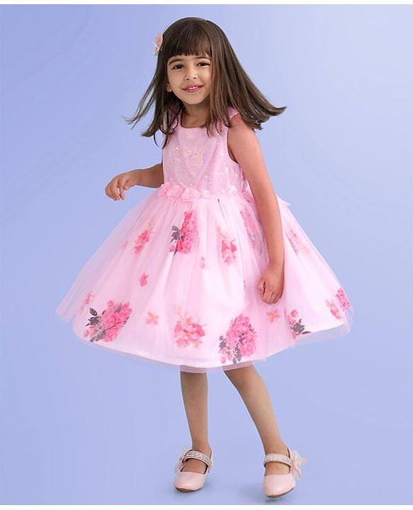 Babyhug Sleeveless Party Frock with Sequin Detailing  Floral Print & Applique - Baby Pink