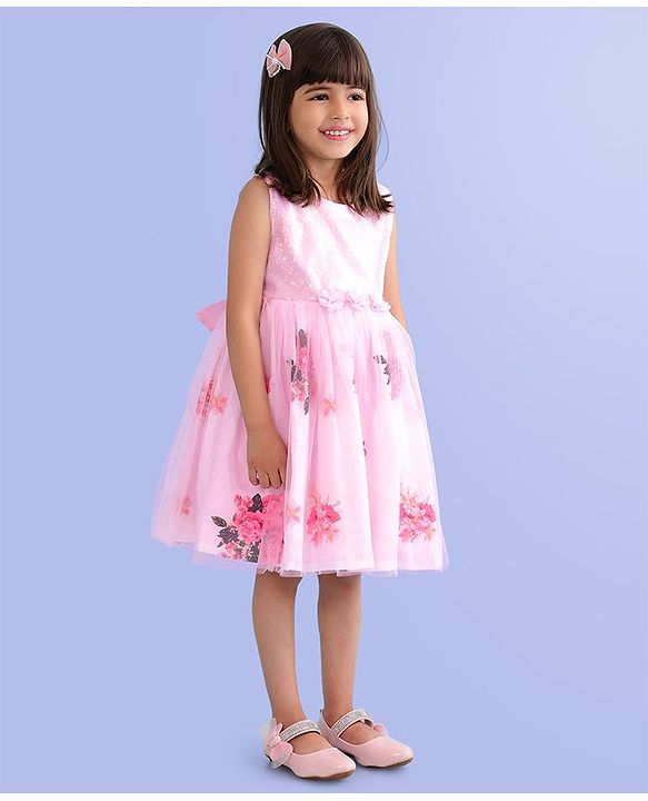 Babyhug Sleeveless Party Frock with Sequin Detailing  Floral Print & Applique - Baby Pink