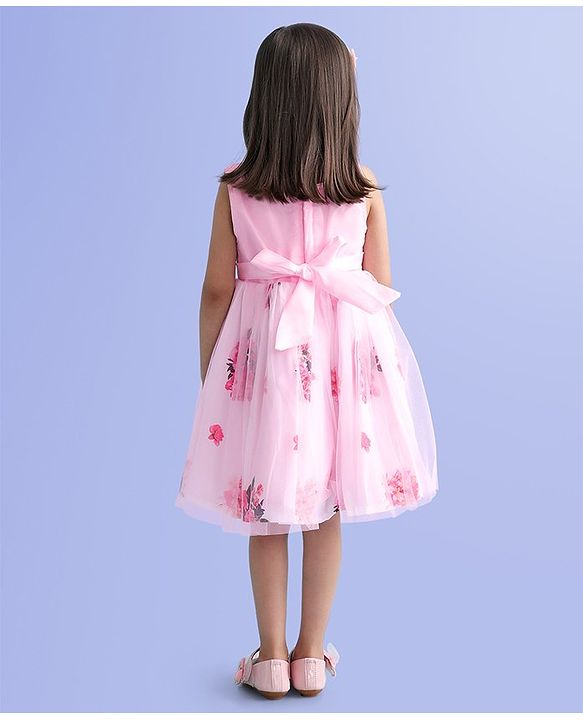Babyhug Sleeveless Party Frock with Sequin Detailing  Floral Print & Applique - Baby Pink