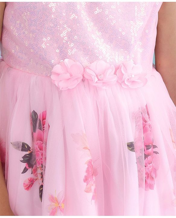 Babyhug Sleeveless Party Frock with Sequin Detailing  Floral Print & Applique - Baby Pink