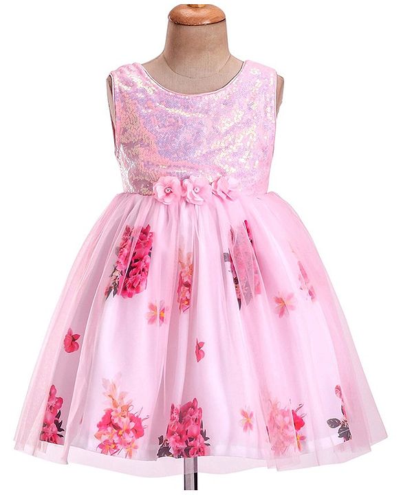 Babyhug Sleeveless Party Frock with Sequin Detailing  Floral Print & Applique - Baby Pink