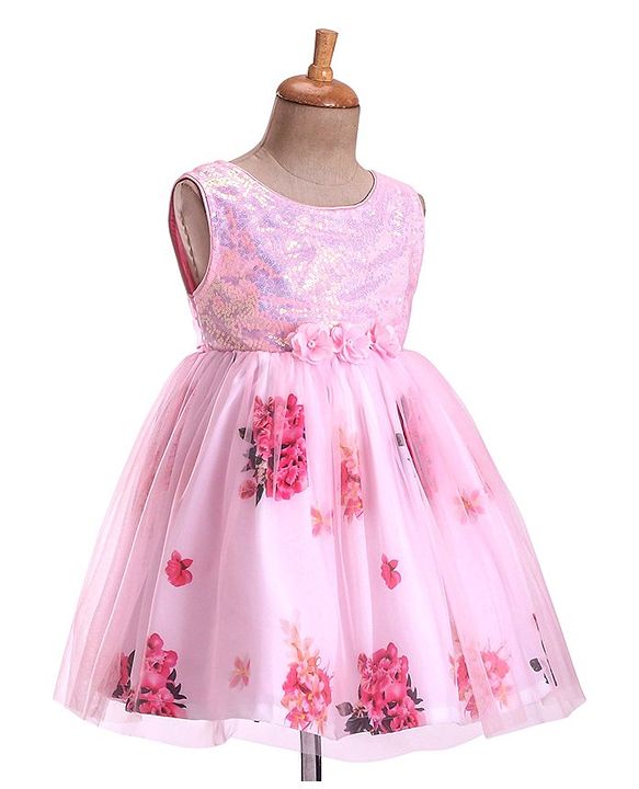 Babyhug Sleeveless Party Frock with Sequin Detailing  Floral Print & Applique - Baby Pink