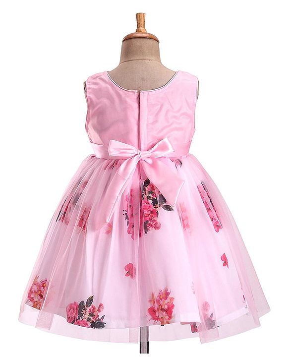 Babyhug Sleeveless Party Frock with Sequin Detailing  Floral Print & Applique - Baby Pink