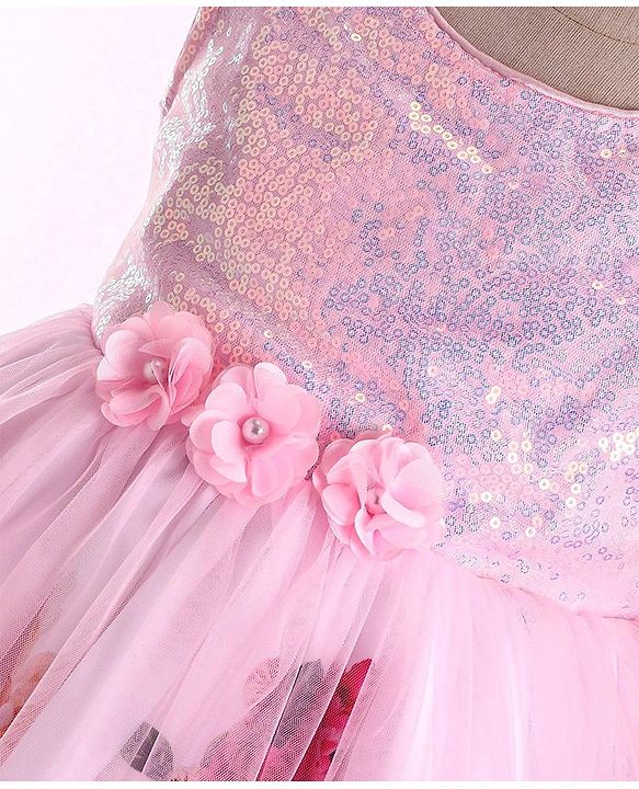 Babyhug Sleeveless Party Frock with Sequin Detailing  Floral Print & Applique - Baby Pink