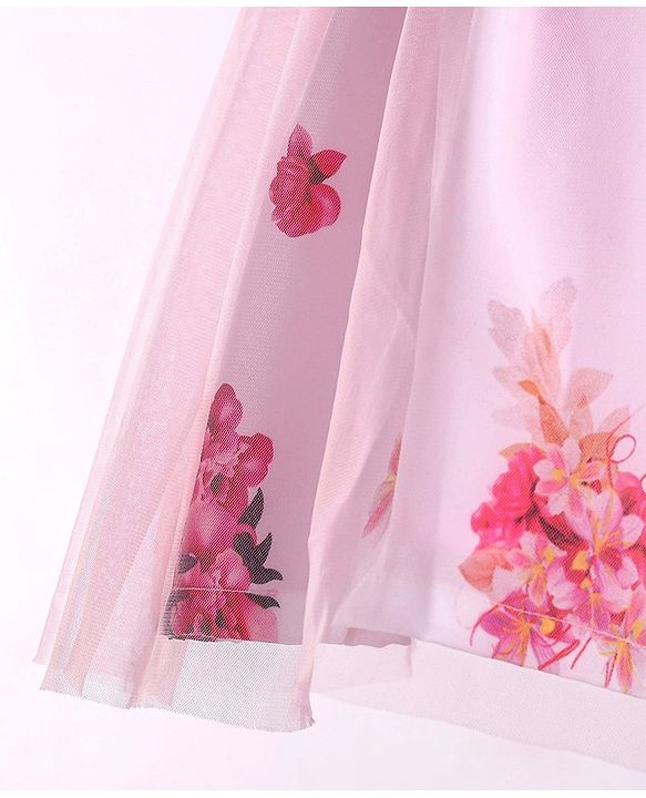 Babyhug Sleeveless Party Frock with Sequin Detailing  Floral Print & Applique - Baby Pink