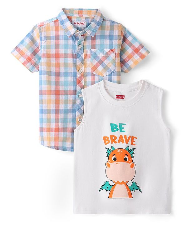 Babyhug Cotton Woven Half Sleeves Checked Shirt with Inner Tee Dino Print - Blue