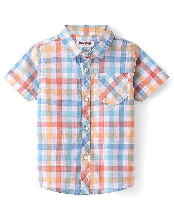 Babyhug Cotton Woven Half Sleeves Checked Shirt with Inner Tee Dino Print - Blue