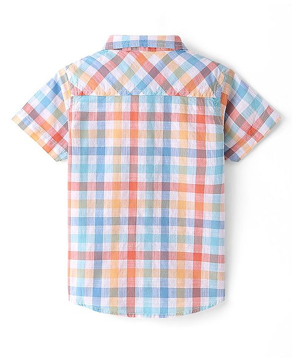 Babyhug Cotton Woven Half Sleeves Checked Shirt with Inner Tee Dino Print - Blue