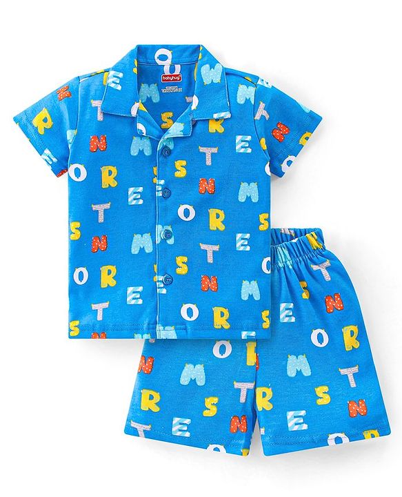 Babyhug Interlock Cotton Knit Half Sleeves Night Suit Alphabet Print - Blue