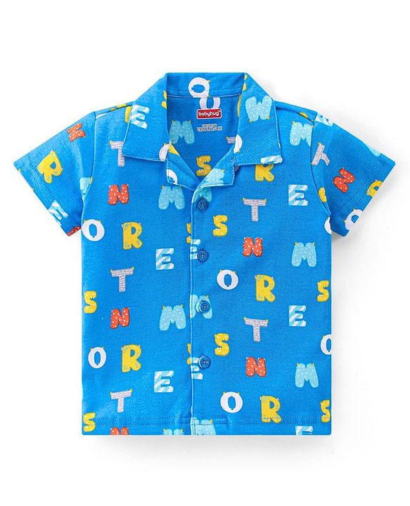 Babyhug Interlock Cotton Knit Half Sleeves Night Suit Alphabet Print - Blue