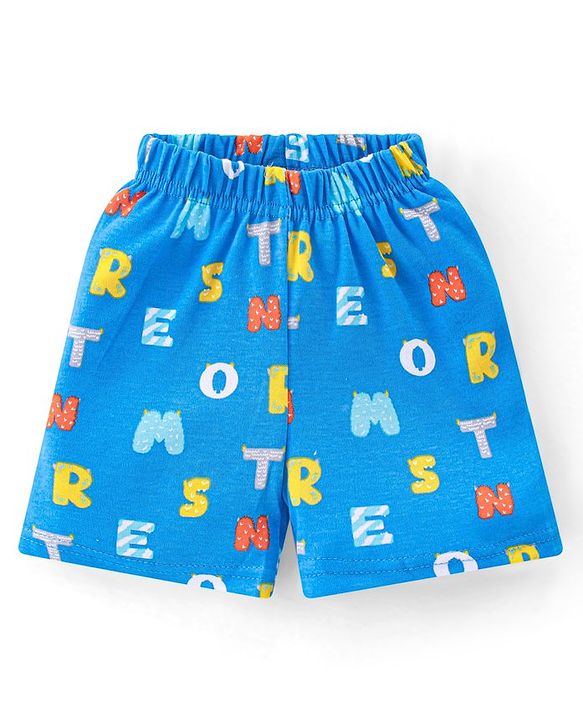 Babyhug Interlock Cotton Knit Half Sleeves Night Suit Alphabet Print - Blue