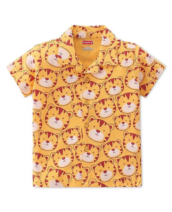 Babyhug Cotton Knit Interlock Half Sleeves Night Suit With Tiger Print - Yellow & Red