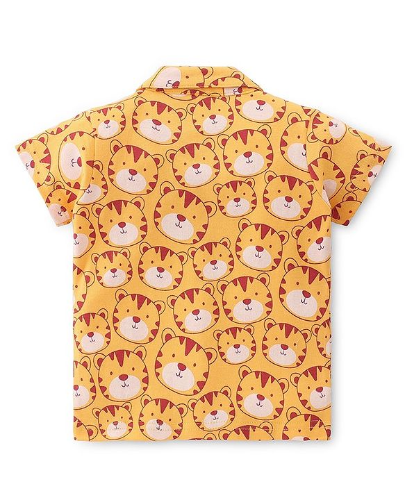Babyhug Cotton Knit Interlock Half Sleeves Night Suit With Tiger Print - Yellow & Red