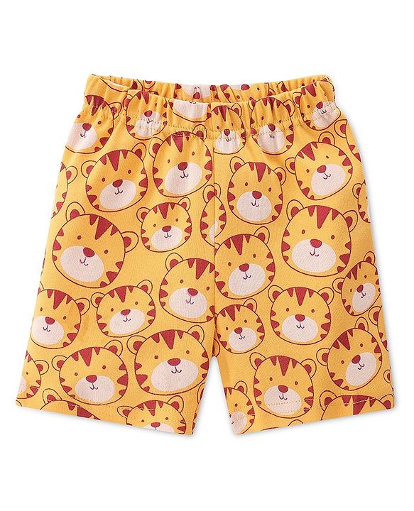 Babyhug Cotton Knit Interlock Half Sleeves Night Suit With Tiger Print - Yellow & Red